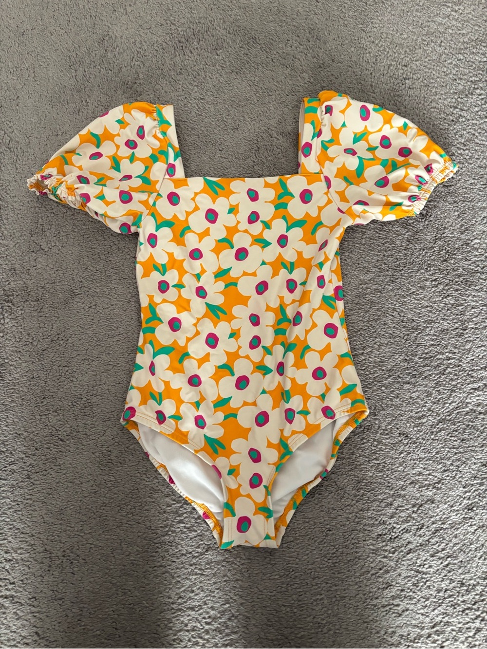 Girls Hanna Anderson Floral Puff Sleeve One-Piece Swimsuit - Yellow & White